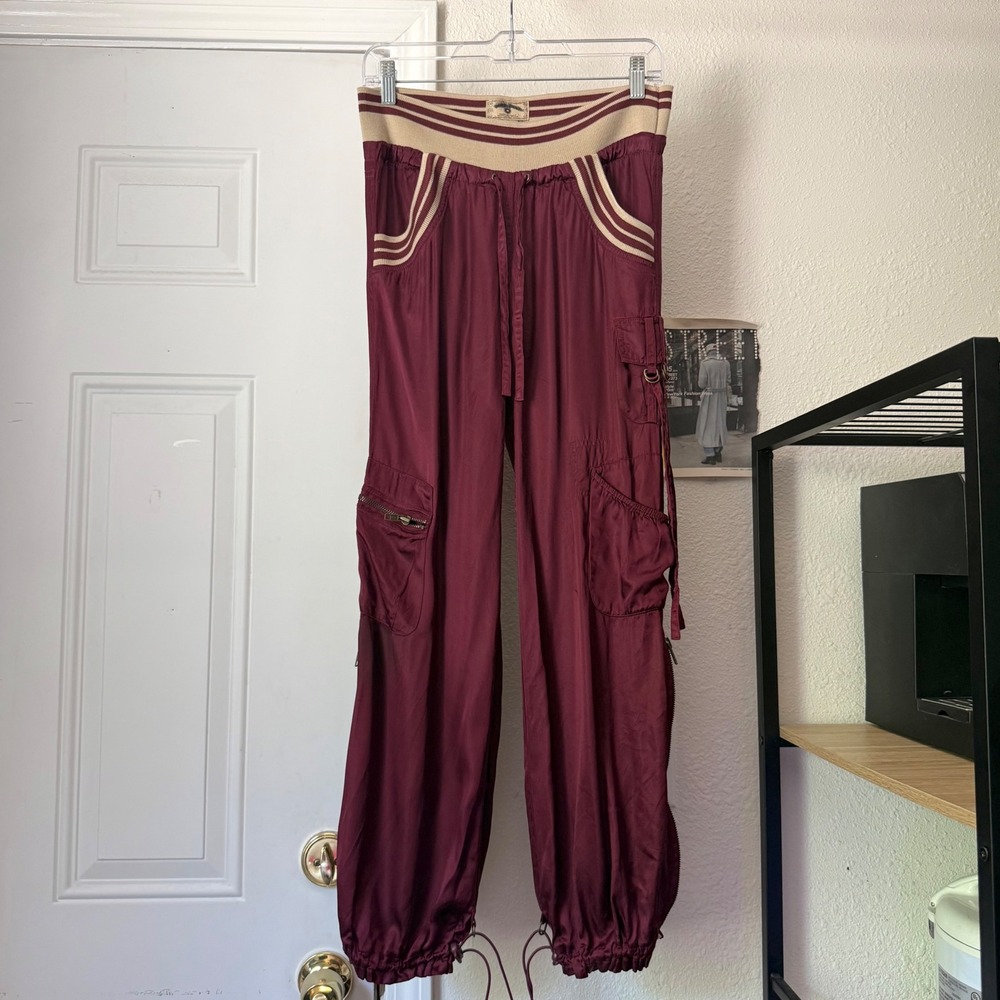 DOKI GEKI y2k vintage magenta satin cargo stripe jogger cropped pull on pants